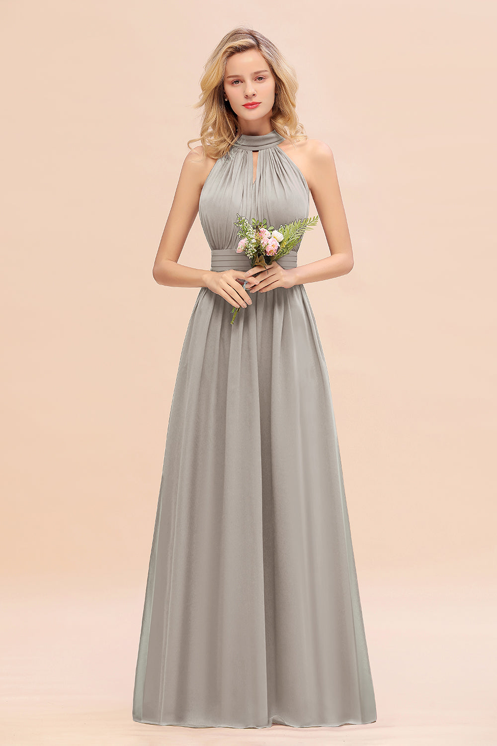 Glamorous High-Neck Halter Bridesmaid Affordable Dresses with Ruffle-Babyonlines