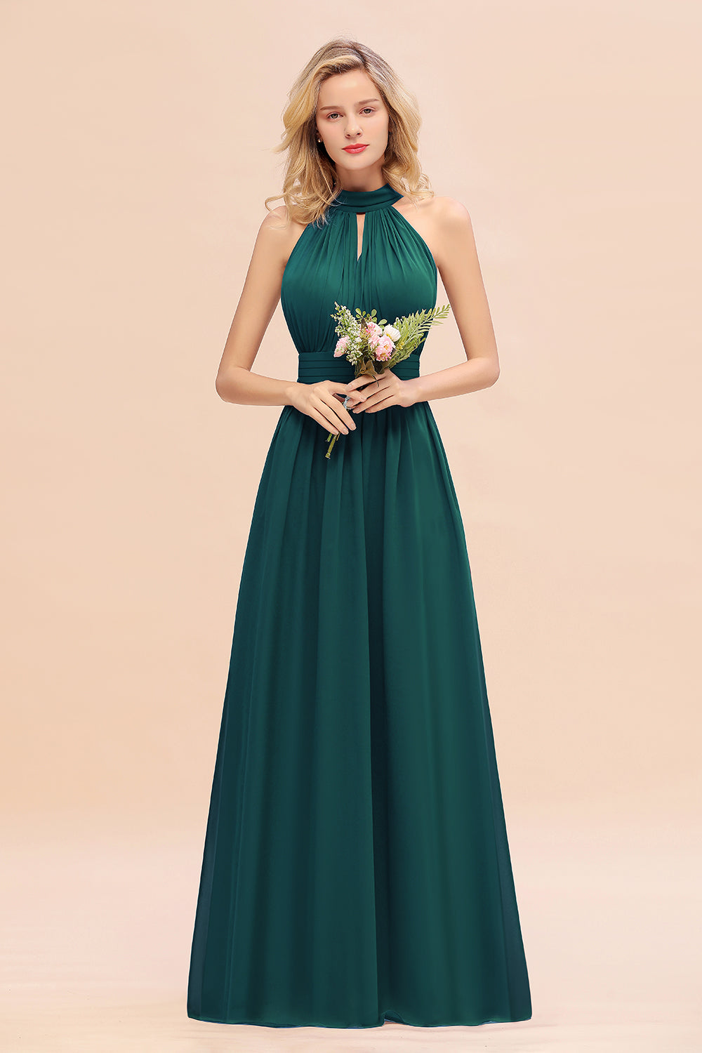 Glamorous High-Neck Halter Bridesmaid Affordable Dresses with Ruffle-Babyonlines