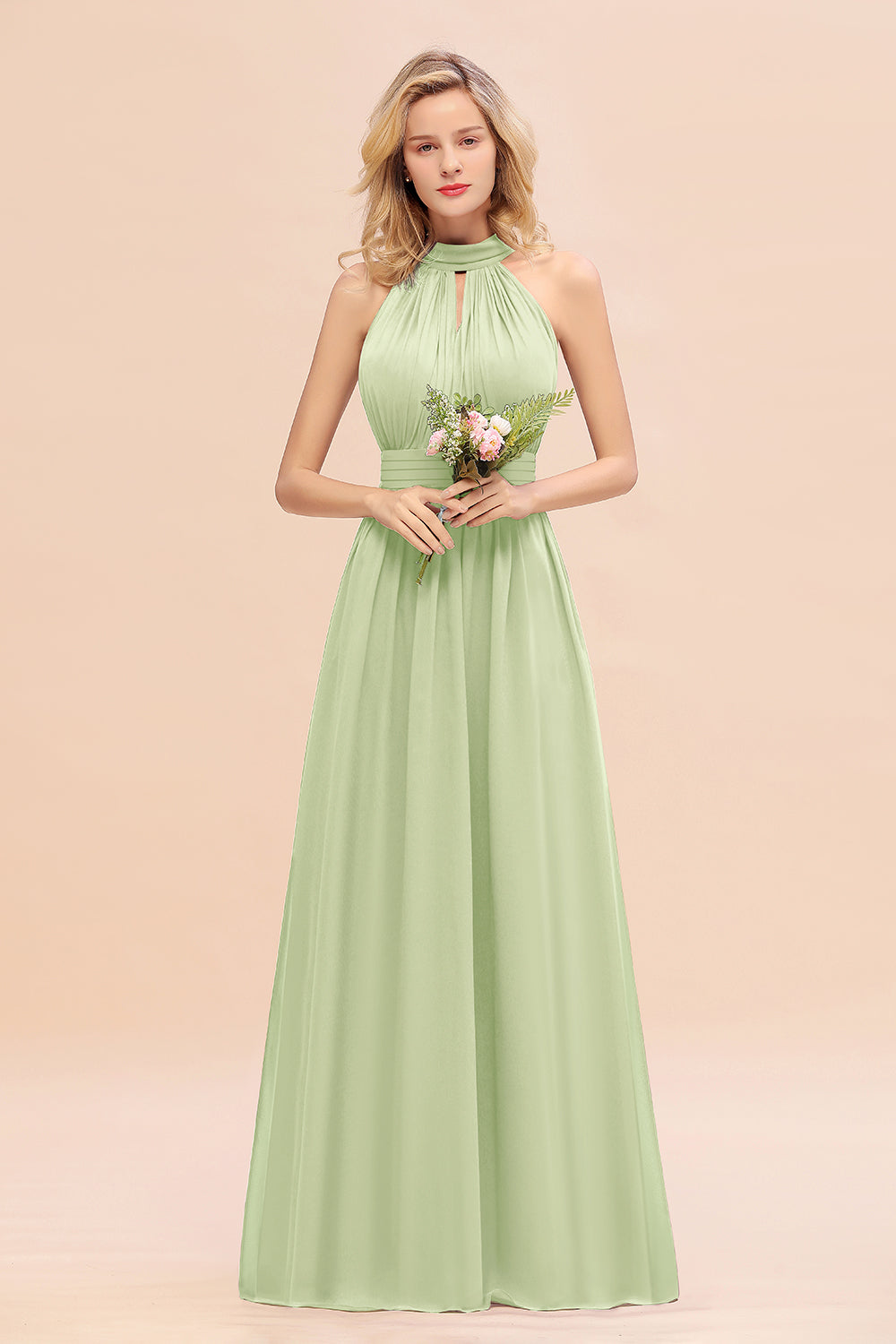 Glamorous High-Neck Halter Bridesmaid Affordable Dresses with Ruffle-Babyonlines