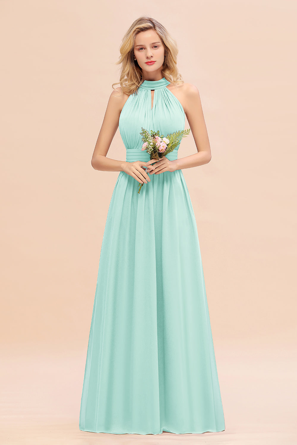 Glamorous High-Neck Halter Bridesmaid Affordable Dresses with Ruffle-Babyonlines