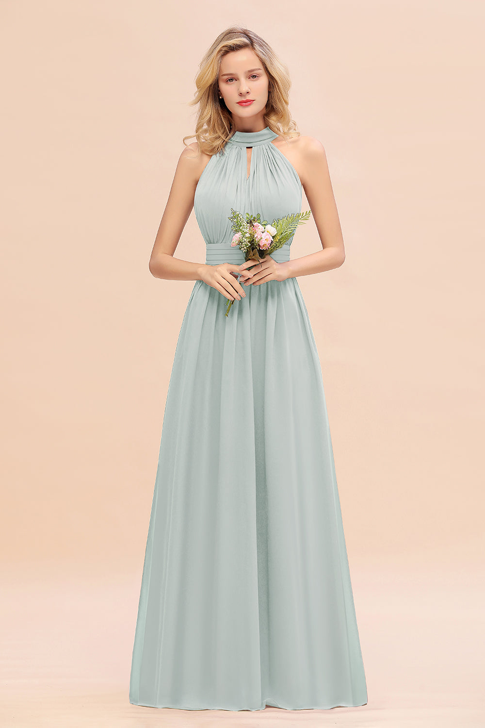 Glamorous High-Neck Halter Bridesmaid Affordable Dresses with Ruffle-Babyonlines