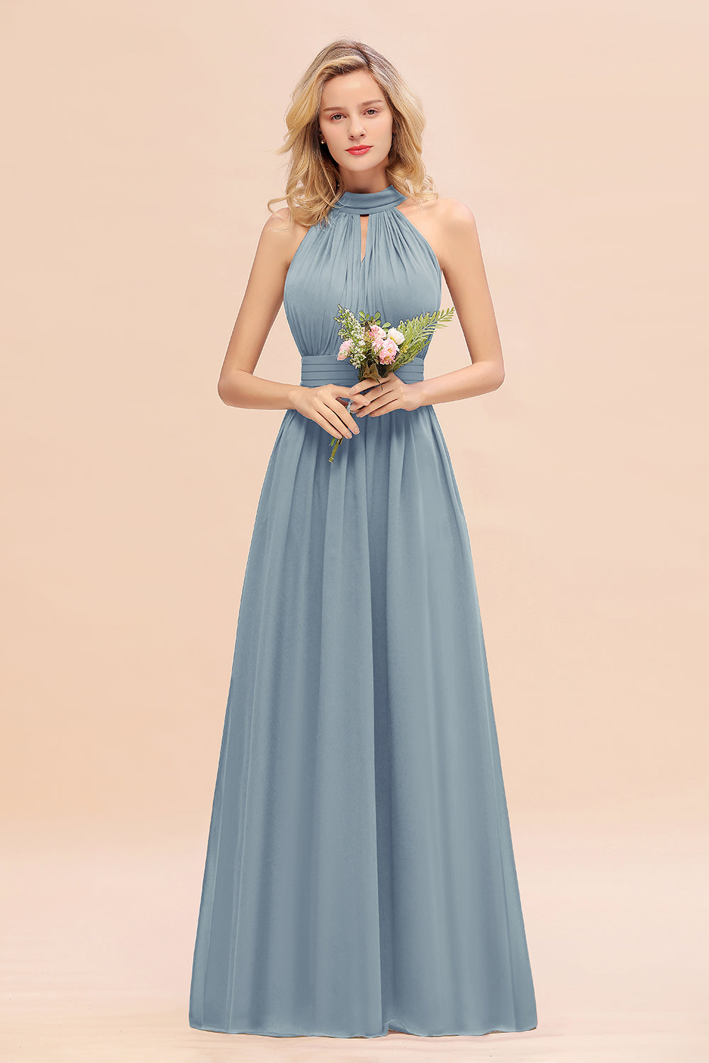 Glamorous High-Neck Halter Bridesmaid Affordable Dresses with Ruffle-Babyonlines