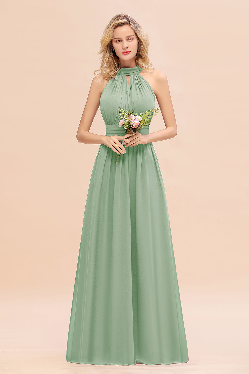 Glamorous High-Neck Halter Bridesmaid Affordable Dresses with Ruffle-Babyonlines