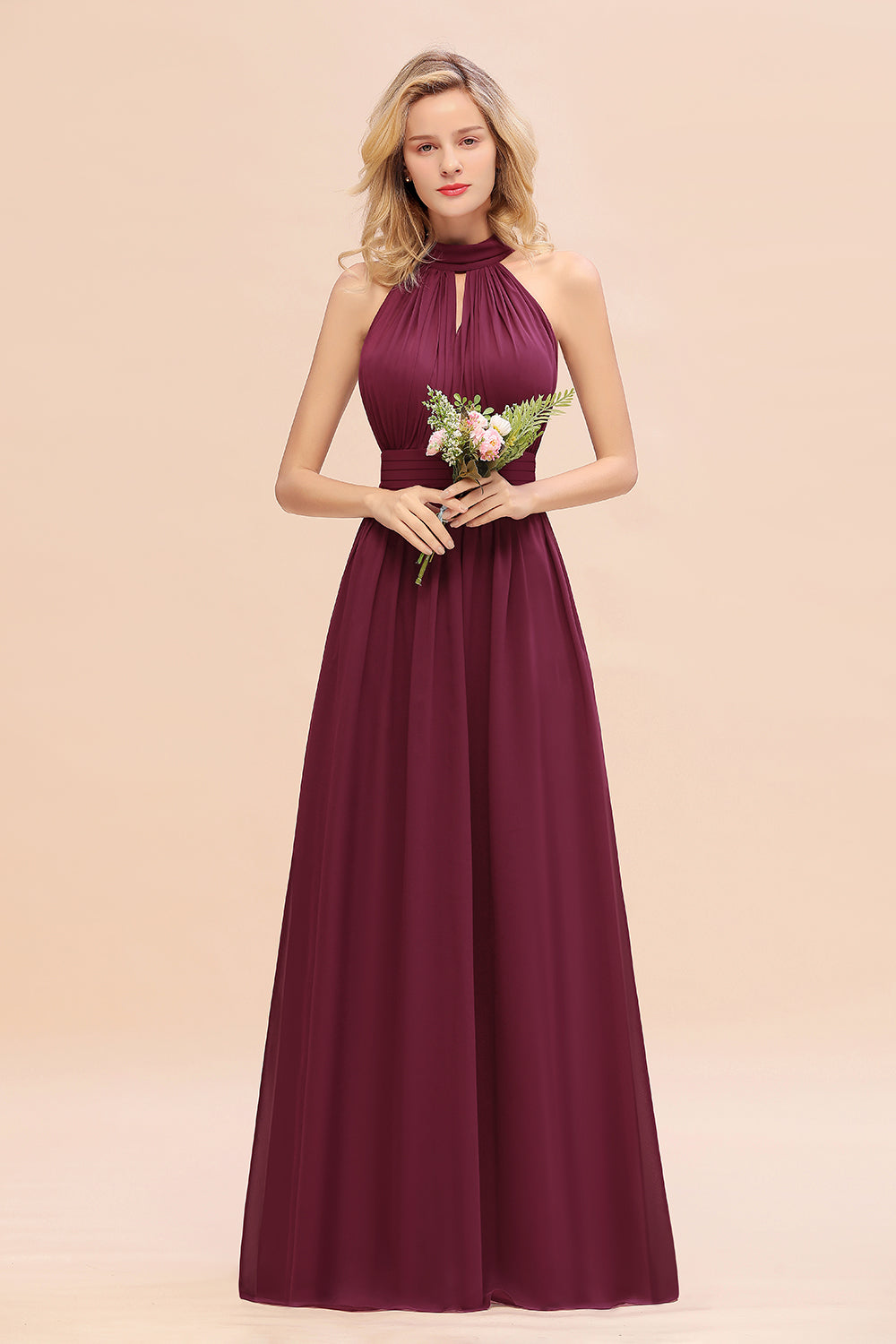 Glamorous High-Neck Halter Bridesmaid Affordable Dresses with Ruffle-Babyonlines