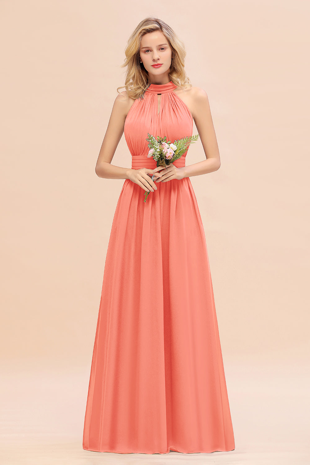 Glamorous High-Neck Halter Bridesmaid Affordable Dresses with Ruffle-Babyonlines