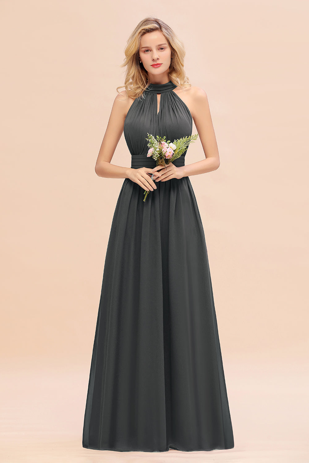 Glamorous High-Neck Halter Bridesmaid Affordable Dresses with Ruffle-Babyonlines