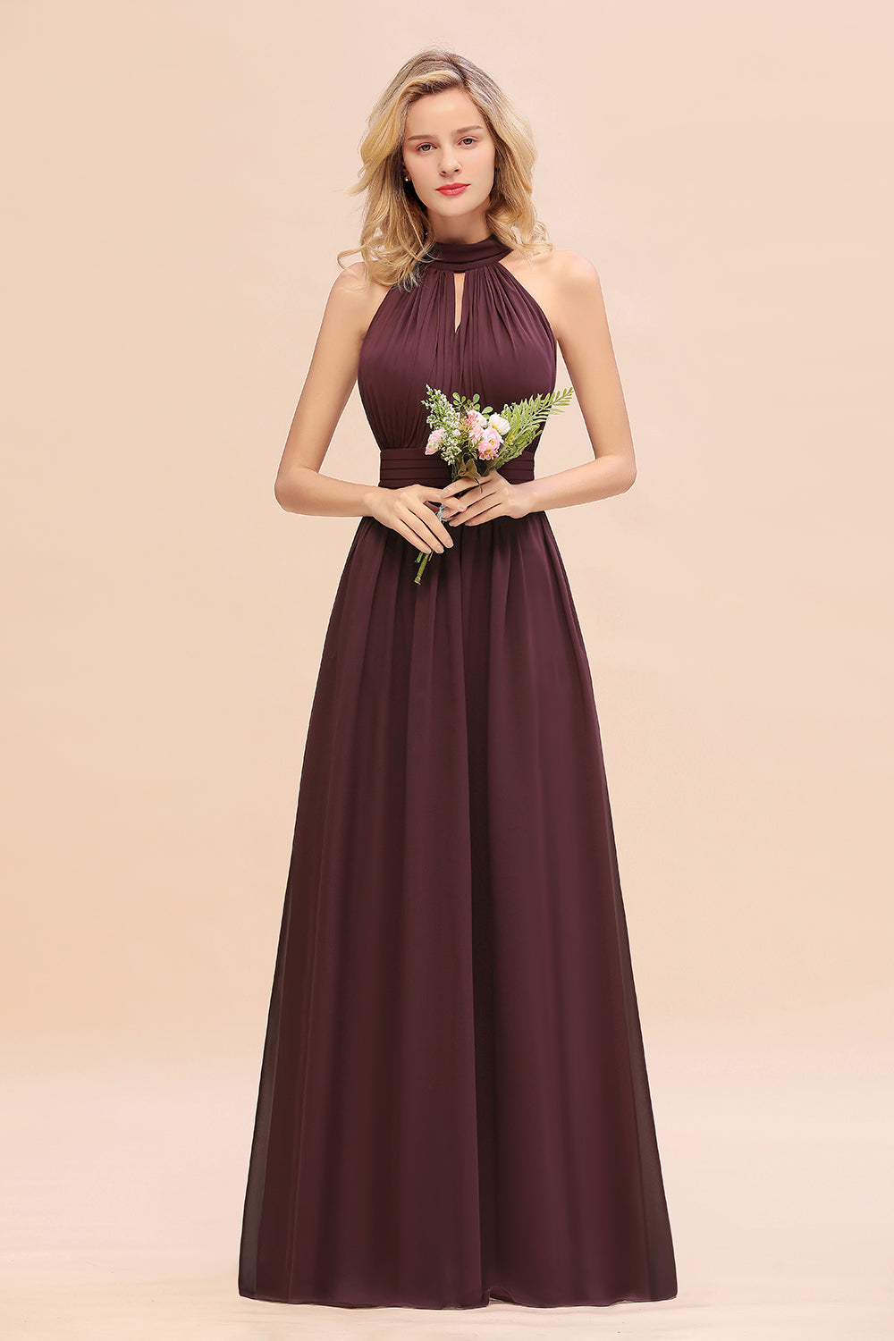 Glamorous High-Neck Halter Bridesmaid Affordable Dresses with Ruffle-Babyonlines