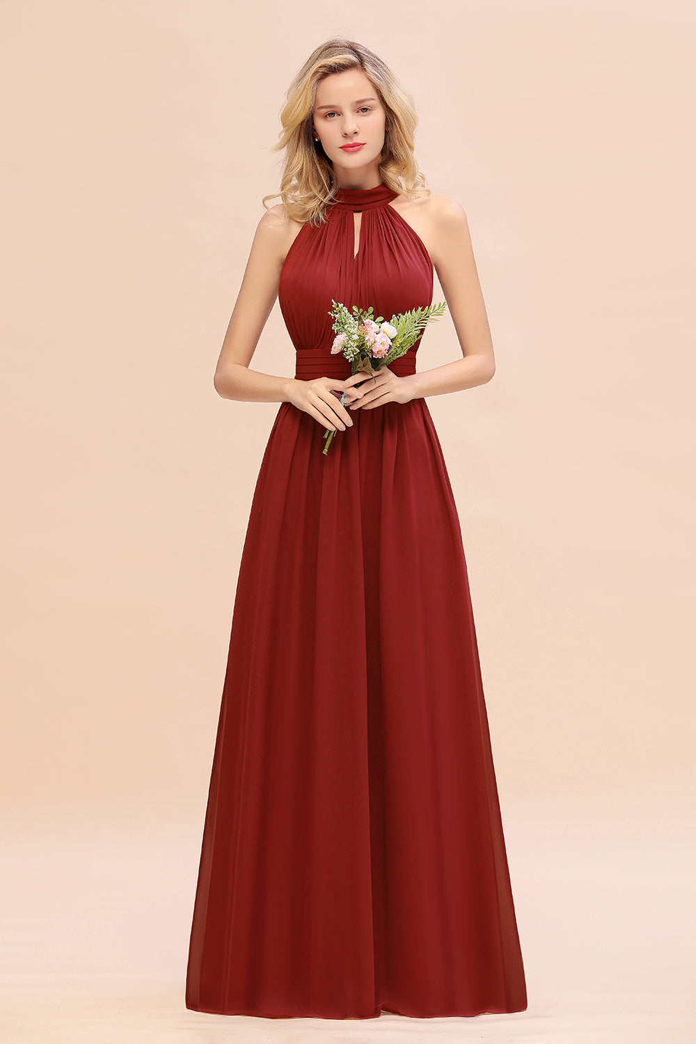 Glamorous High-Neck Halter Bridesmaid Affordable Dresses with Ruffle-Babyonlines