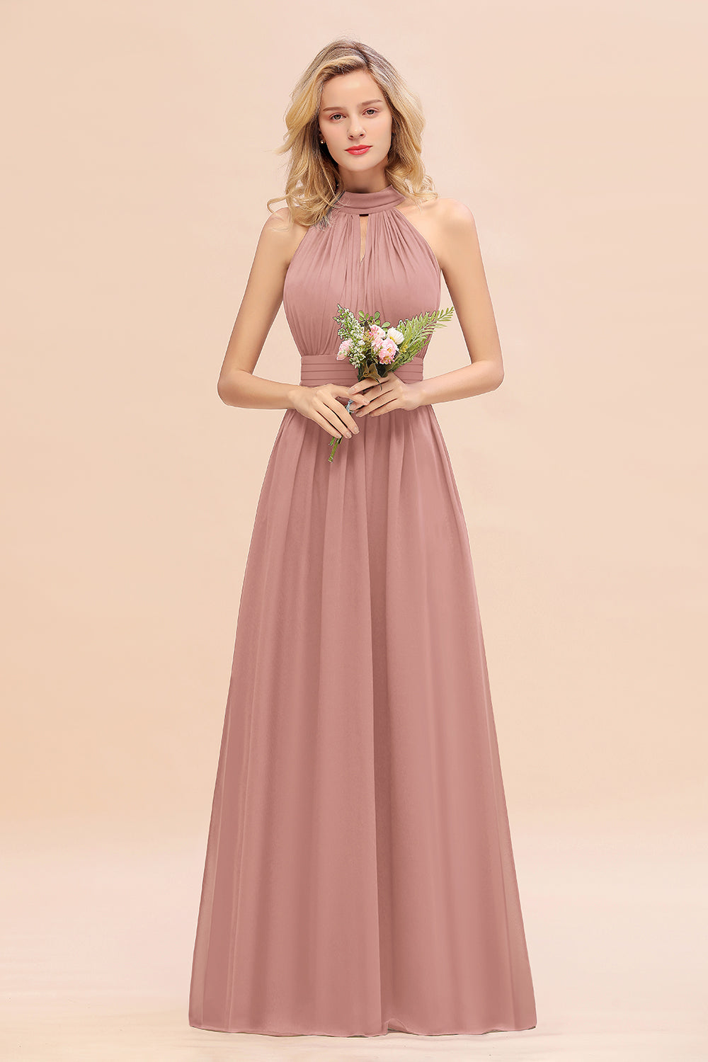 Glamorous High-Neck Halter Bridesmaid Affordable Dresses with Ruffle-Babyonlines