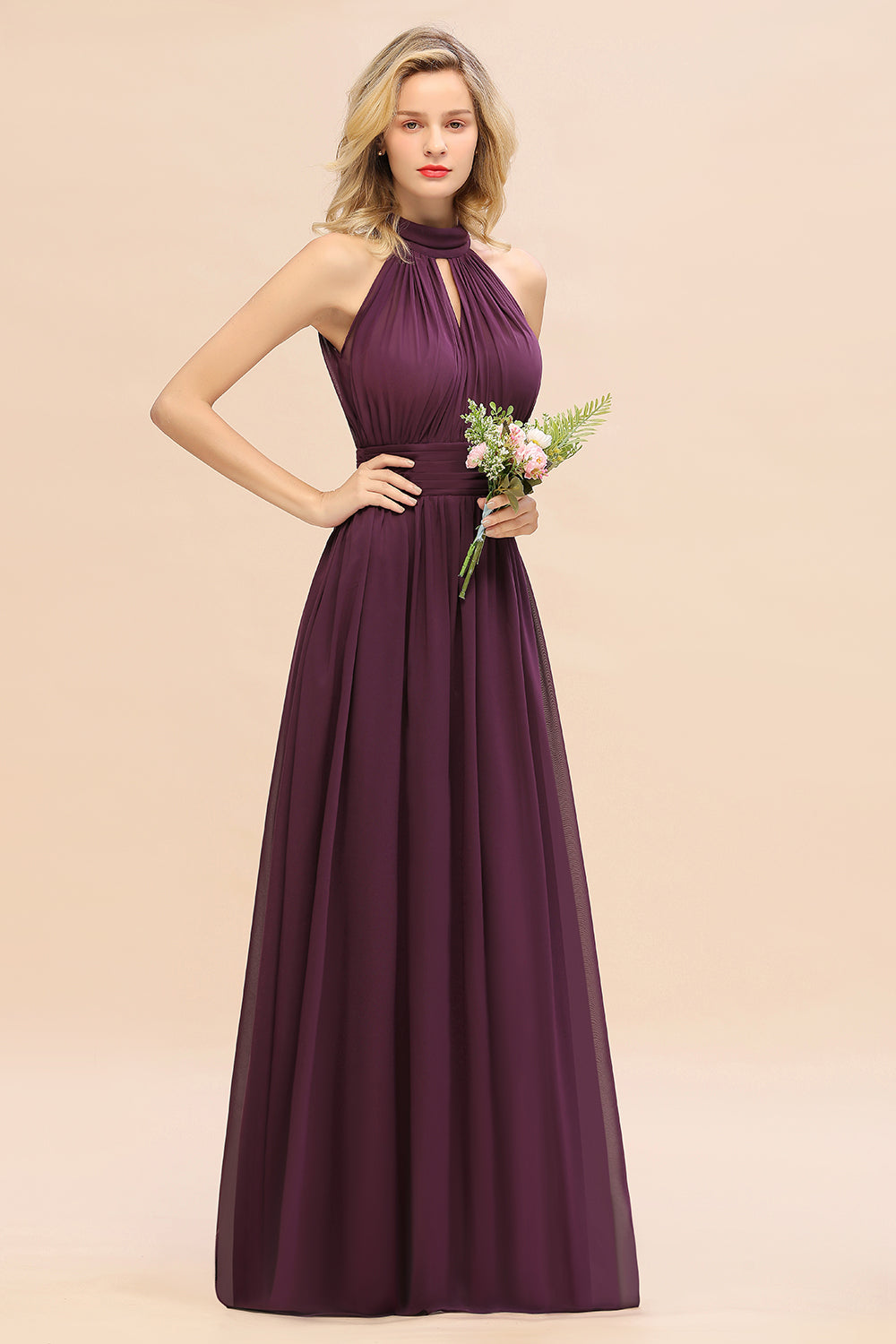 Glamorous High-Neck Halter Bridesmaid Affordable Dresses with Ruffle-Babyonlines