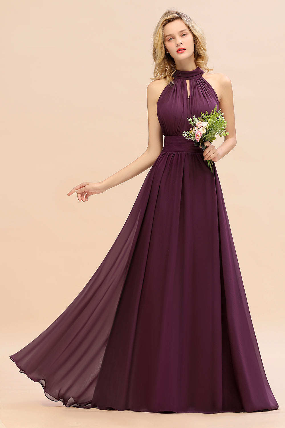 Glamorous High-Neck Halter Bridesmaid Affordable Dresses with Ruffle-Babyonlines