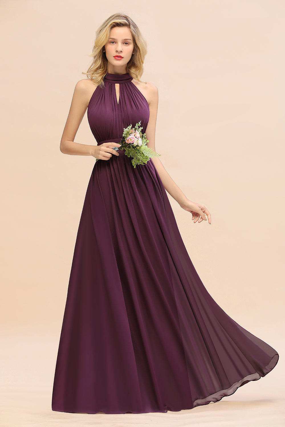 Glamorous High-Neck Halter Bridesmaid Affordable Dresses with Ruffle-Babyonlines