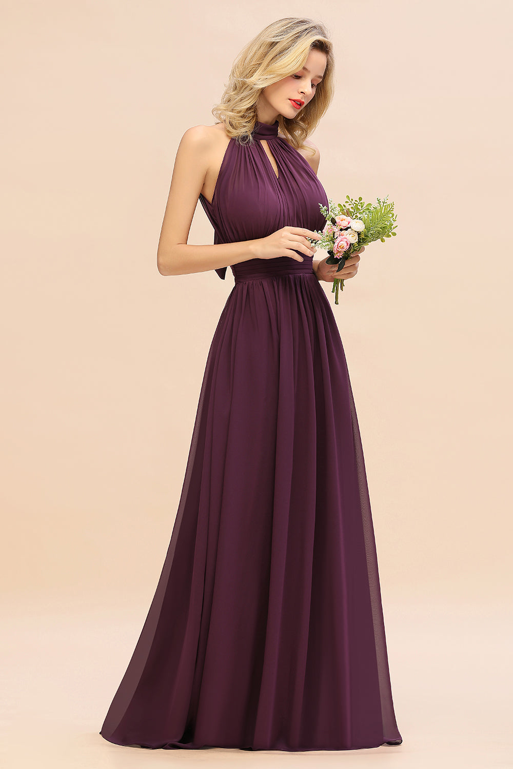 Glamorous High-Neck Halter Bridesmaid Affordable Dresses with Ruffle-Babyonlines