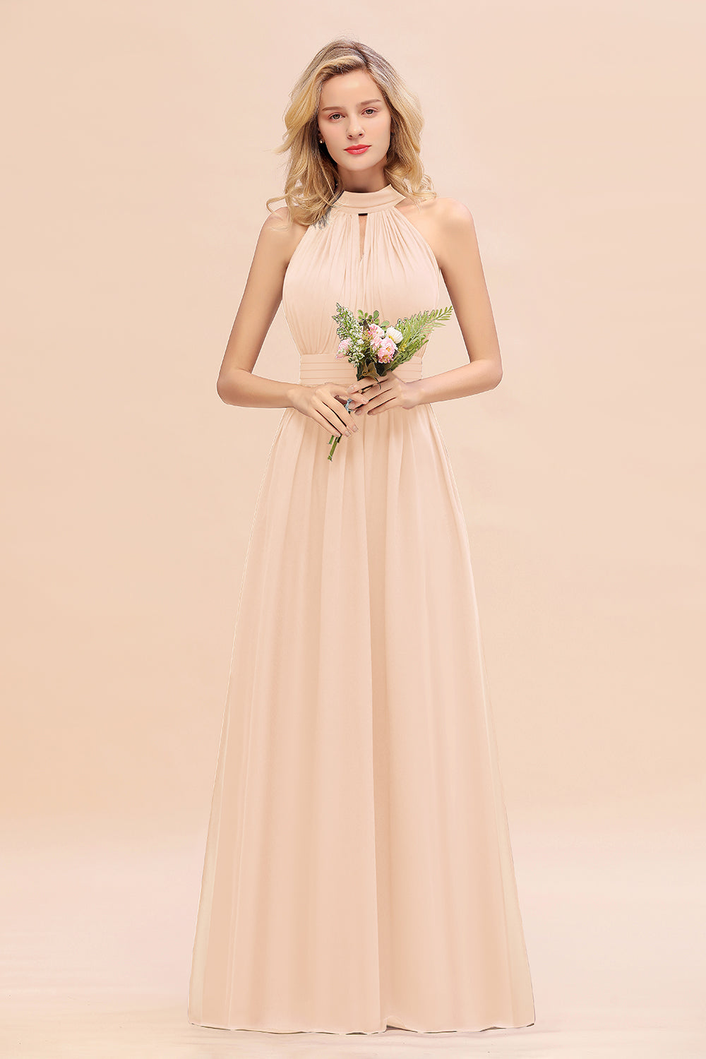 Glamorous High-Neck Halter Bridesmaid Affordable Dresses with Ruffle-Babyonlines