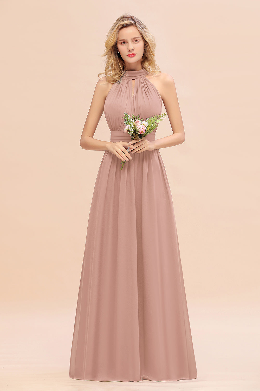 Glamorous High-Neck Halter Bridesmaid Affordable Dresses with Ruffle-Babyonlines