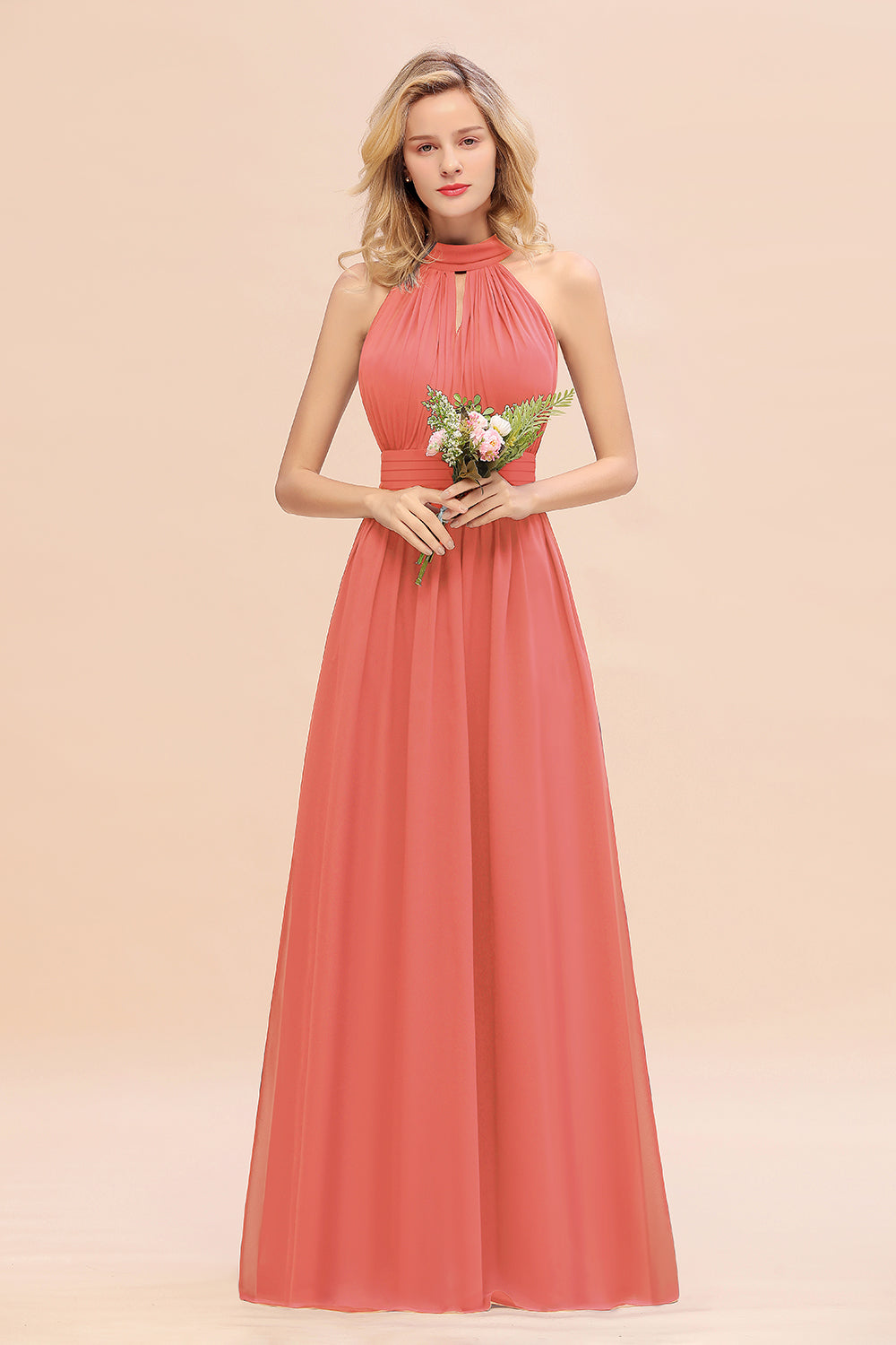 Glamorous High-Neck Halter Bridesmaid Affordable Dresses with Ruffle-Babyonlines