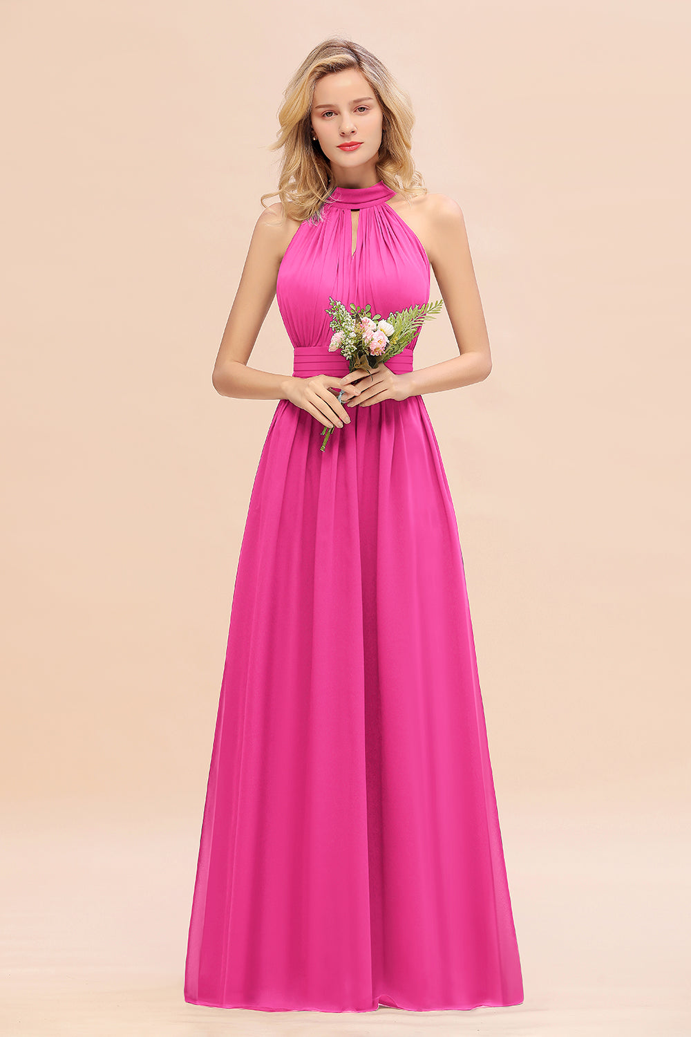 Glamorous High-Neck Halter Bridesmaid Affordable Dresses with Ruffle-Babyonlines