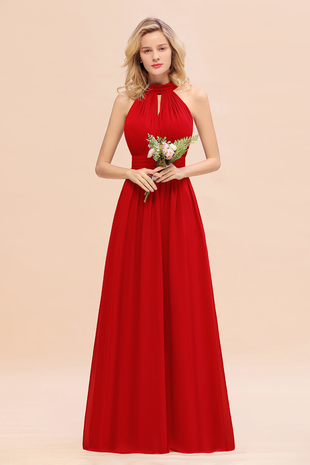 Glamorous High-Neck Halter Bridesmaid Affordable Dresses with Ruffle-Babyonlines