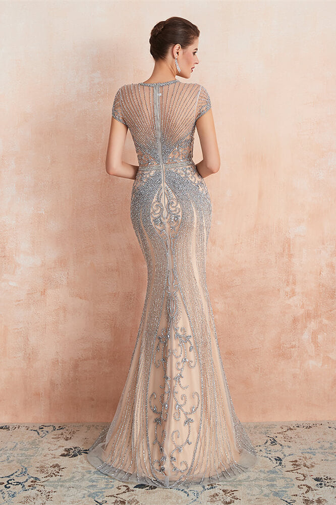 Glamorous Jewel Neck Short Sleeve Mermaid Prom Dress with Beadings
