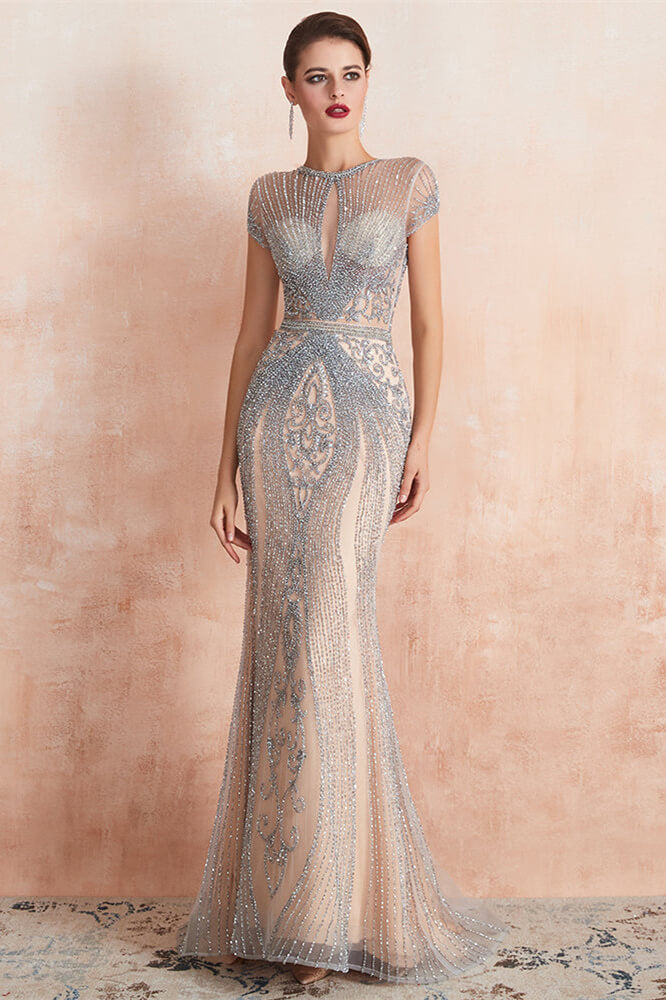 Glamorous Jewel Neck Short Sleeve Mermaid Prom Dress with Beadings