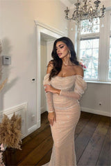 Glamorous Off the Shoulder Long Sleeve Mermaid Prom Dress with Beading and Pleated