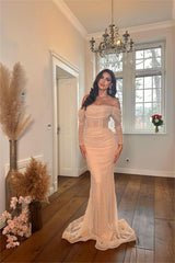 Glamorous Off the Shoulder Long Sleeve Mermaid Prom Dress with Beading and Pleated