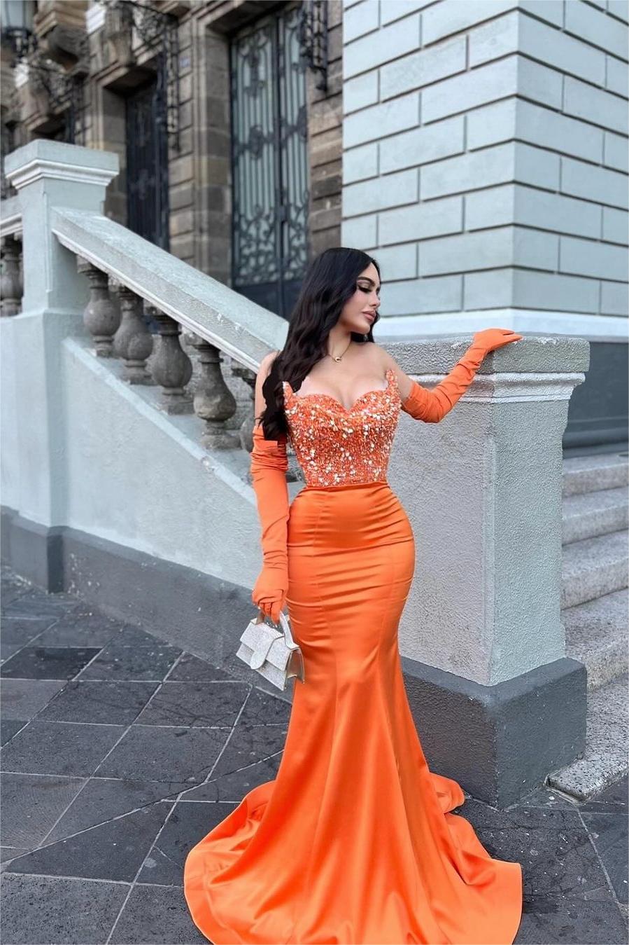 Glamorous Orange Strapless Mermaid Satin Long Prom Dress with Beading and Gloves