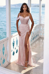 Glamorous One Shoulder Mermaid Long Prom Dress with Split and Sequins