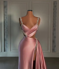 Glamorous Pink Sweetheart Spaghetti Strap Prom Dress with High Slit Trail