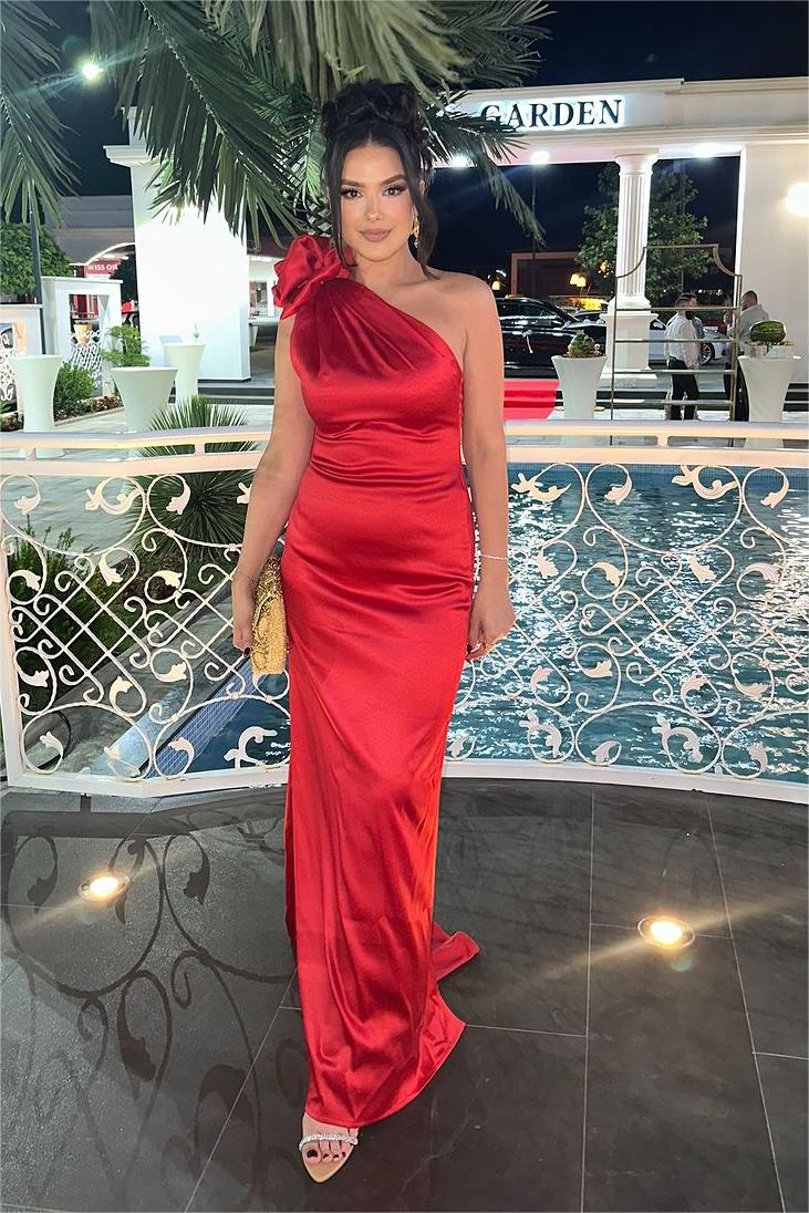 Elegant One Shoulder Red Satin Mermaid Long Prom Dress with Pleated