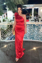 Elegant One Shoulder Red Satin Mermaid Long Prom Dress with Pleated