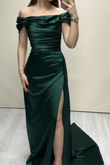 Glamorous Red Satin Off the Shoulder Long Prom Dress with Split and Pleated