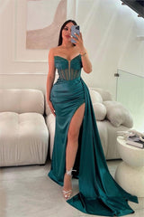 Glamorous Red Strapless Long Prom Dress with Sequins, Split and Pleated