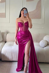 Glamorous Red Strapless Long Prom Dress with Sequins, Split and Pleated