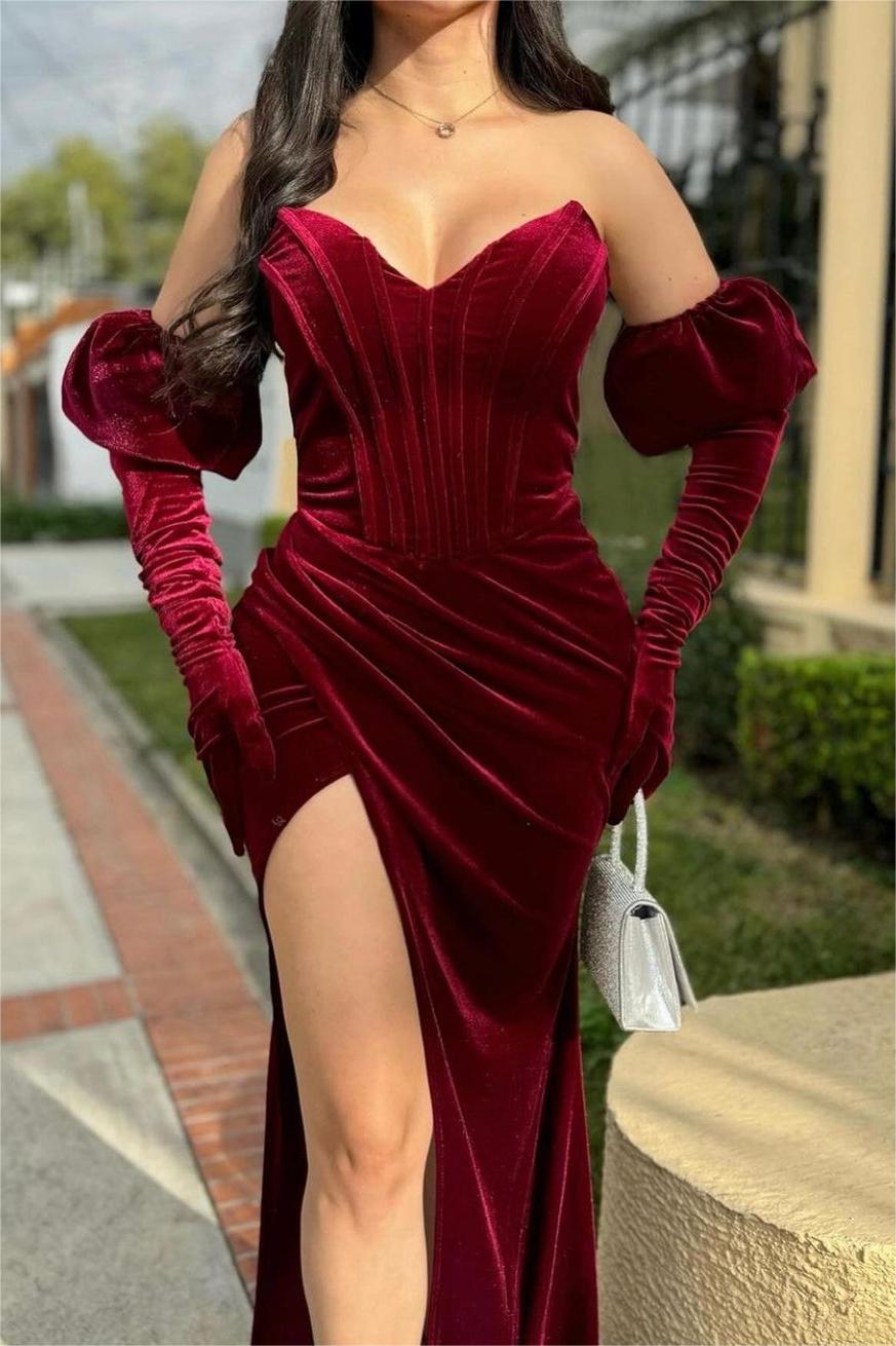 Glamorous Red Velvet Strapless Long Prom Dress with Split, Pleated and Gloves