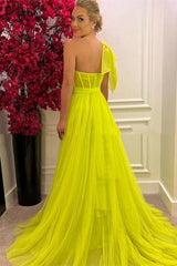 Glamorous One Shoulder Tulle A-Line Long Prom Dress with Split