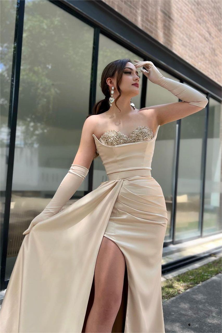 Glamorous Strapless Satin Long Prom Dress with Beading, Split and Gloves