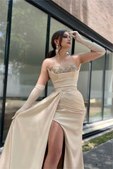 Glamorous Strapless Satin Long Prom Dress with Beading, Split and Gloves
