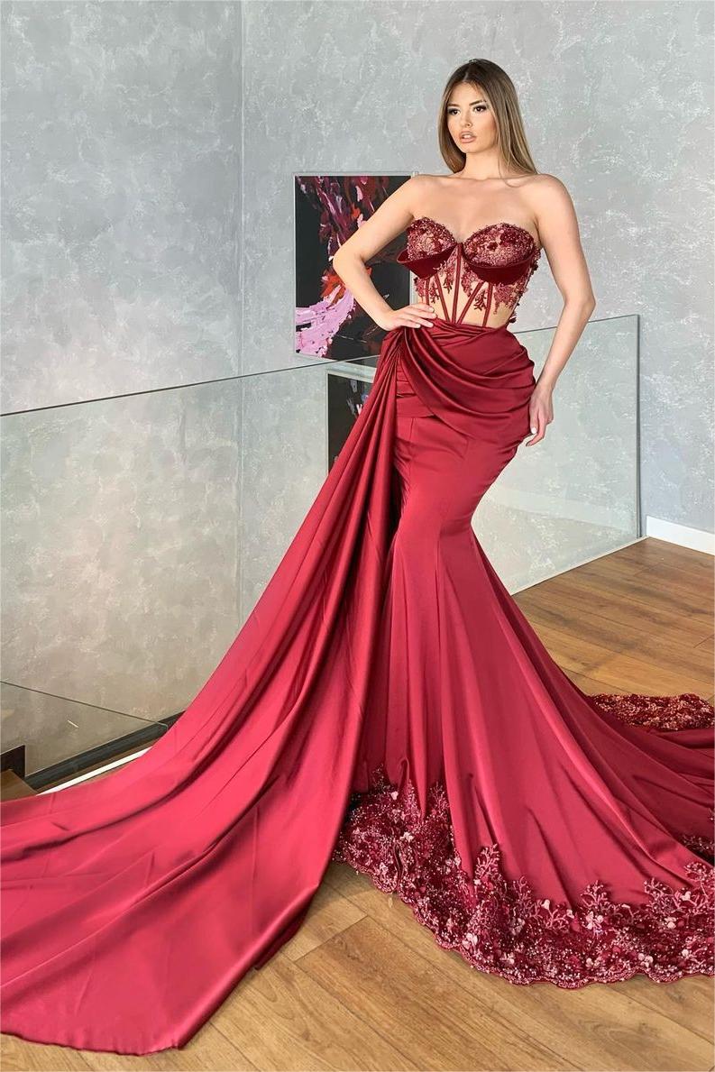 Glamorous Strapless Mermaid Long Prom Dress with Embroidery and Pleated