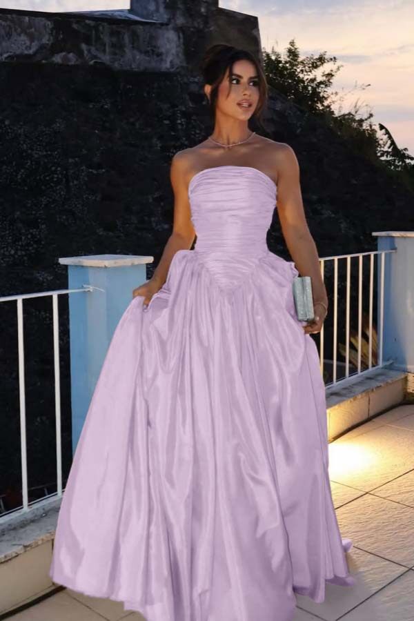Glamorous Strapless Long Prom Dress with Pleated Details