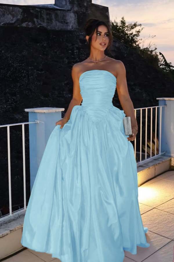 Glamorous Strapless Long Prom Dress with Pleated Details