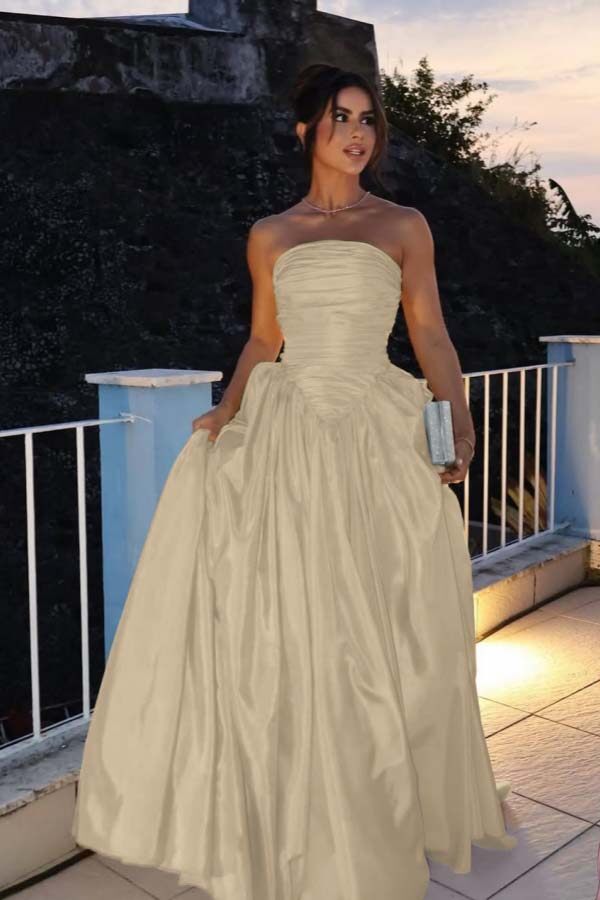 Glamorous Strapless Long Prom Dress with Pleated Details