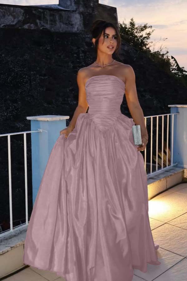 Glamorous Strapless Long Prom Dress with Pleated Details