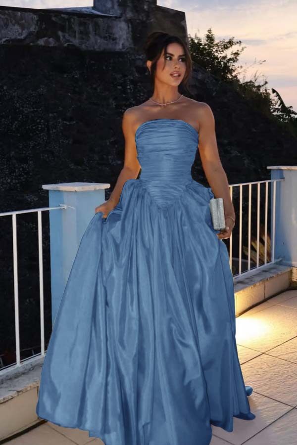 Glamorous Strapless Long Prom Dress with Pleated Details