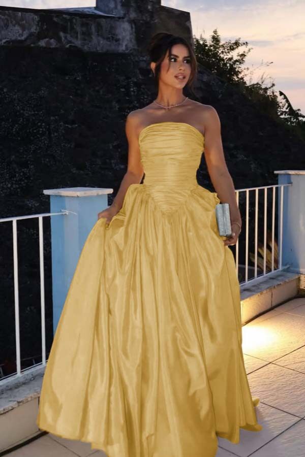 Glamorous Strapless Long Prom Dress with Pleated Details