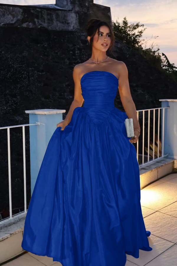 Glamorous Strapless Long Prom Dress with Pleated Details