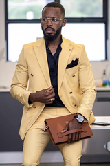 Glamorous Yellow Double-Breasted Groom Suit with Peaked Lapel