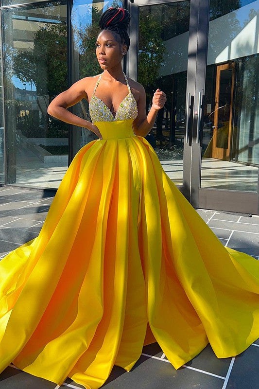 Glamorous Halter High Waist Long Split Prom Dress with Beading
