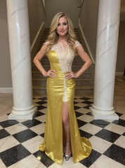 Gold Long Mermaid Sleeveless Satin Evening Dresses with Beaded