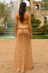Long A-line Gold Strapless Tulle Sequined Formal Prom Dresses